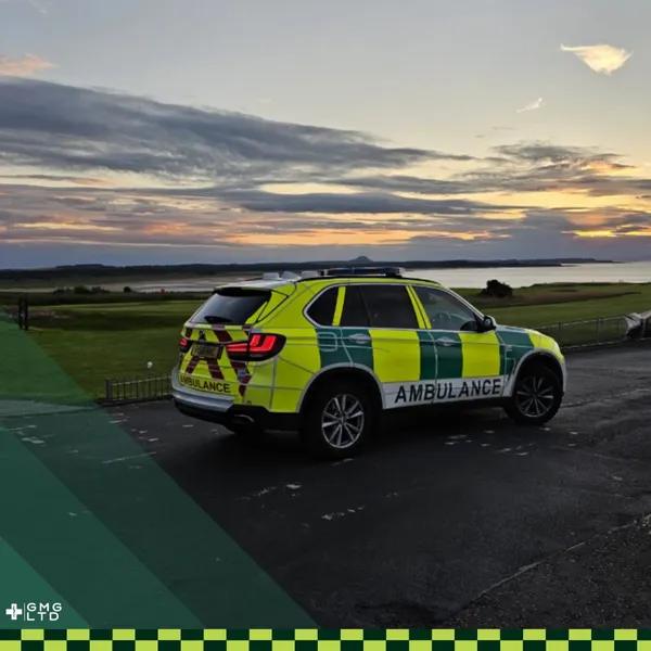 A GMG response car by the coast at sunset